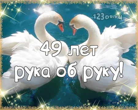 Открытка Открытки на Кедровую свадьбу 49 лет - Открытка: Белые лебеди на фоне воды | Красивая открытка #1