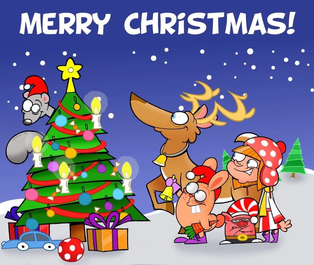 Открытка Merry Christmas - Ёлка, олени, подарки, снежинки, праздник! | Красивая открытка #12