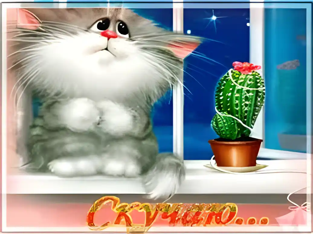 Открытка Открытки скучаю по тебе - Грустный котенок и кактус: Открытка с милым рисунком | Красивая открытка #12