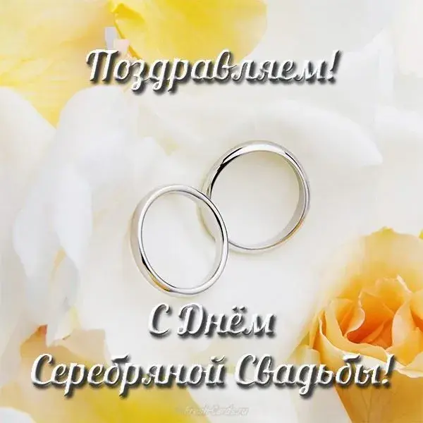 Открытка Открытки на Серебряную свадьбу 25 лет - Обручальные кольца на фоне цветов. С Днём Серебряной Свадьбы! | Красивая открытка #83