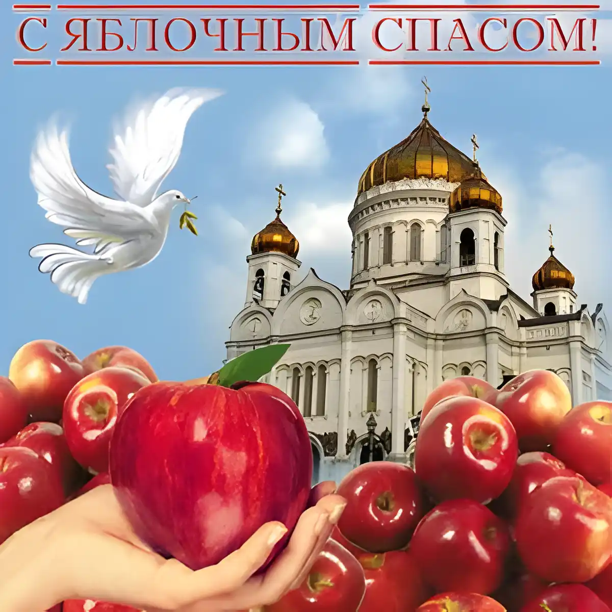 Открытка Яблочный спас - Яблоки, церковь, голубь. Открытка с праздником. | Красивая открытка #112