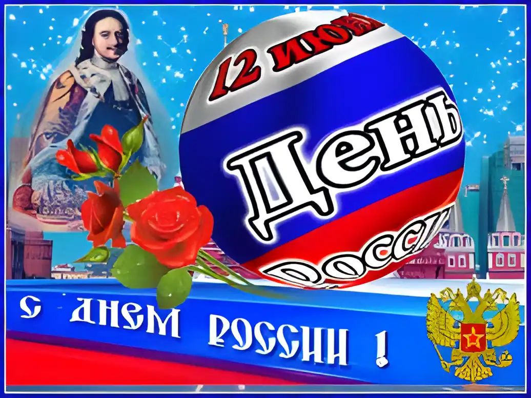 Открытка Открытки с днем России - Открытка ко Дню России: Царь, флаг и розы | Красивая открытка #84