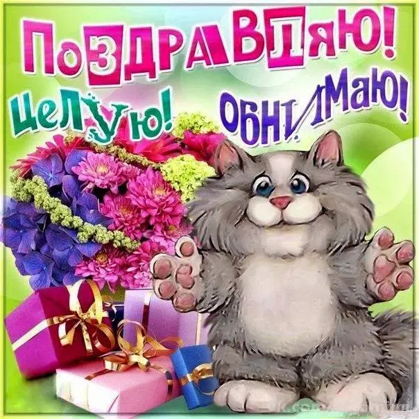 Открытка Поздравляю! - Серый кот с цветами и подарками - открытка | Красивая открытка #68