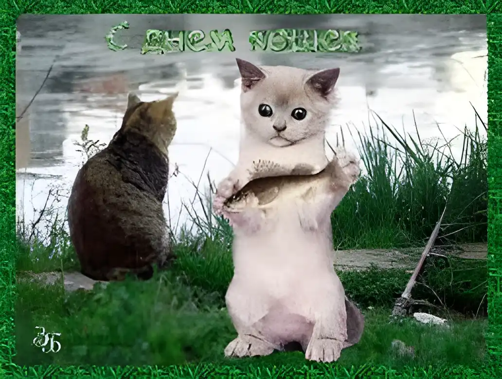 Открытка Открытки с днем кошек - Открытка с котятами и рыбой: смешное поздравление | Красивая открытка #26