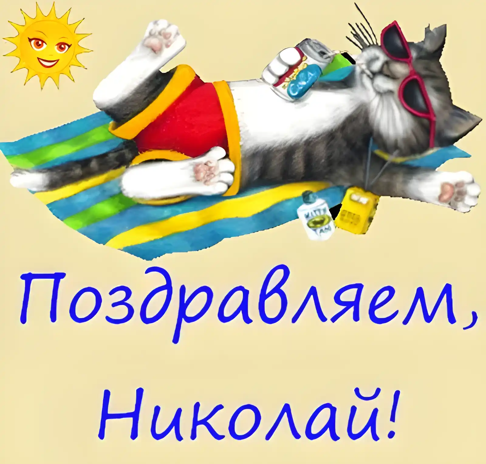 Открытка Открытки с именем Николай   - Открытка с котом на пляже: смешное поздравление | Красивая открытка #37