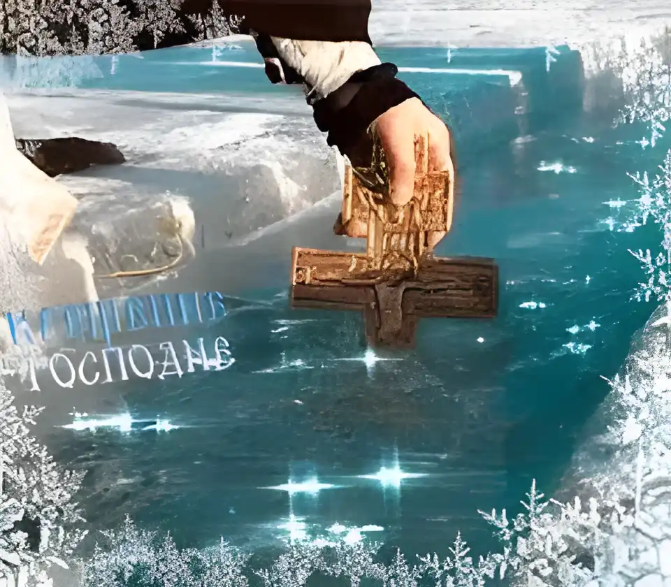 Открытка Открытки с Крещением Господним - Крест на льду: праздничная открытка с зимним пейзажем | Красивая открытка #176