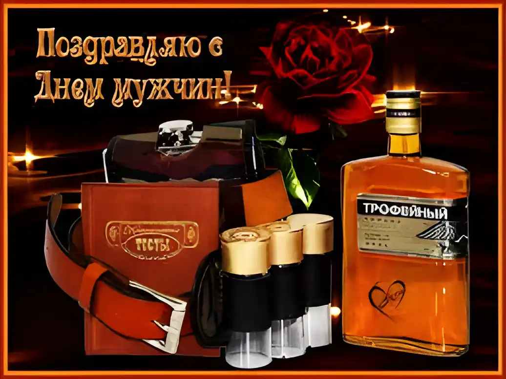 Открытка Открытки с днем мужчин - Открытка с ружьём, виски и ремнём | Красивая открытка #24
