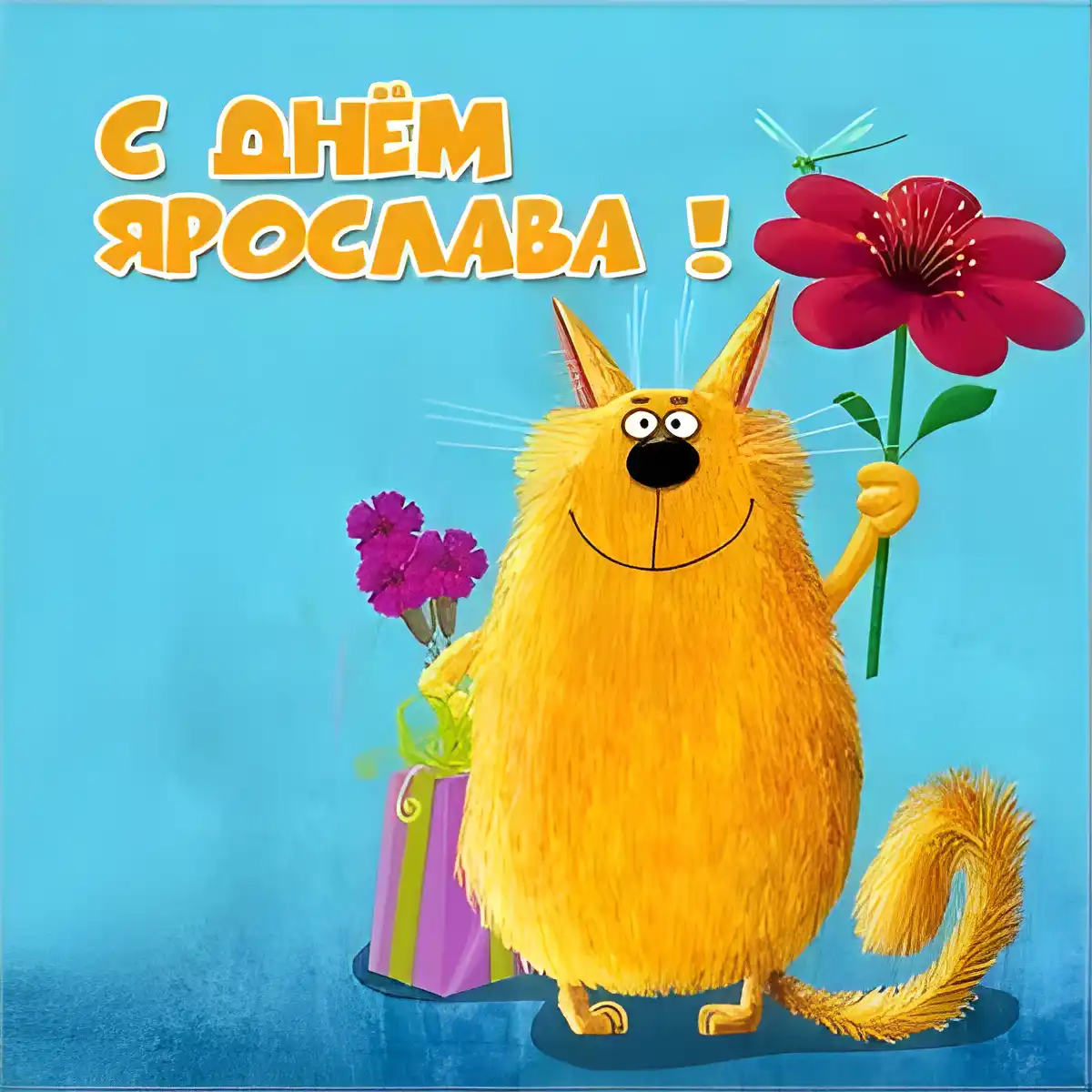 Открытка Открытки с именем Ярослав  - Забавная открытка: рыжий кот с цветком и подарками | Красивая открытка #96
