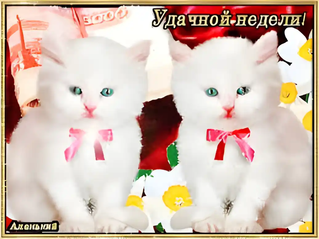 Открытка Открытки удачной недели - Две белые кошечки с бантами. Праздничная открытка | Красивая открытка #174