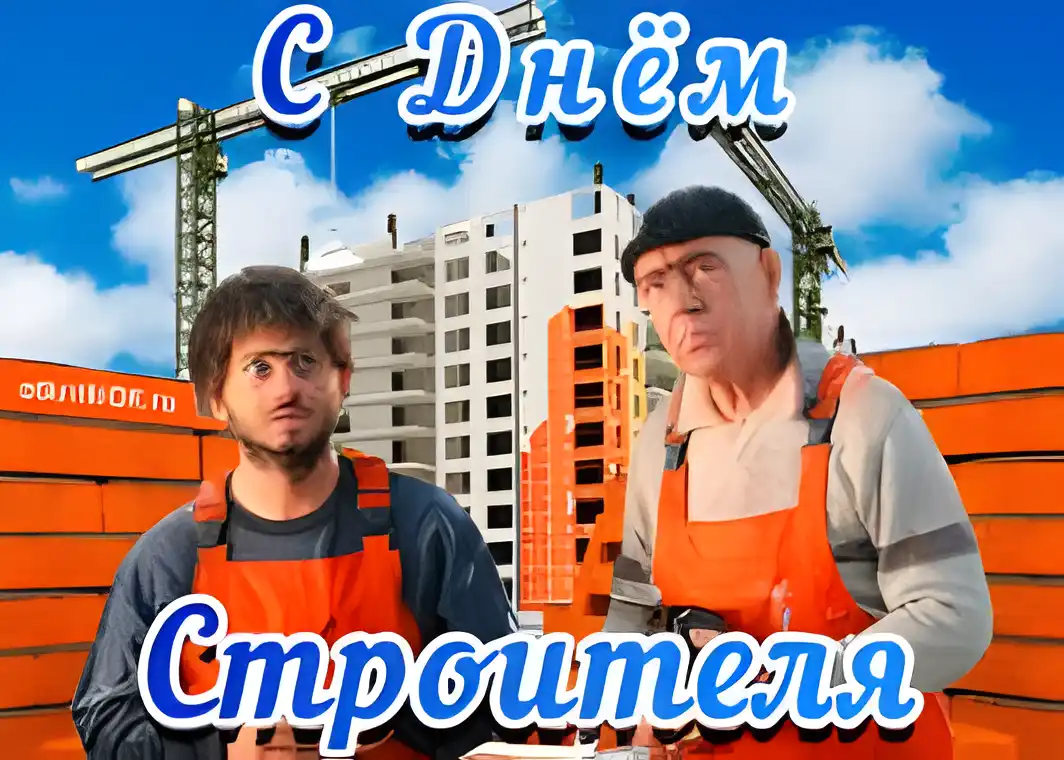 Открытка Открытки с днем строителя - Открытка строителям: два мужчины на фоне стройки | Красивая открытка #74
