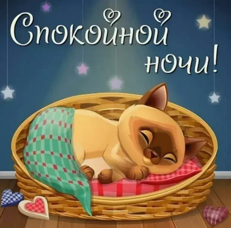 Открытка Спокойной ночи - Милый котенок спит в корзинке  открытка | Красивая открытка #64