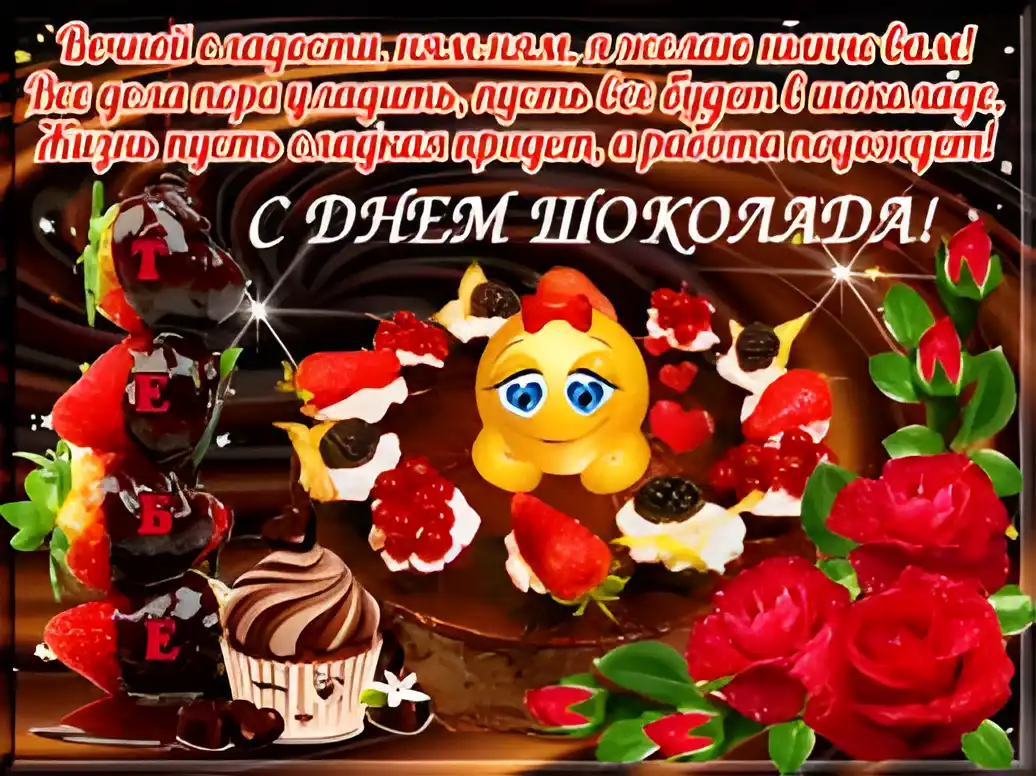 Открытка Открытки с днем шоколада - Открытка с тортом, клубникой и цветами | Красивая открытка #50