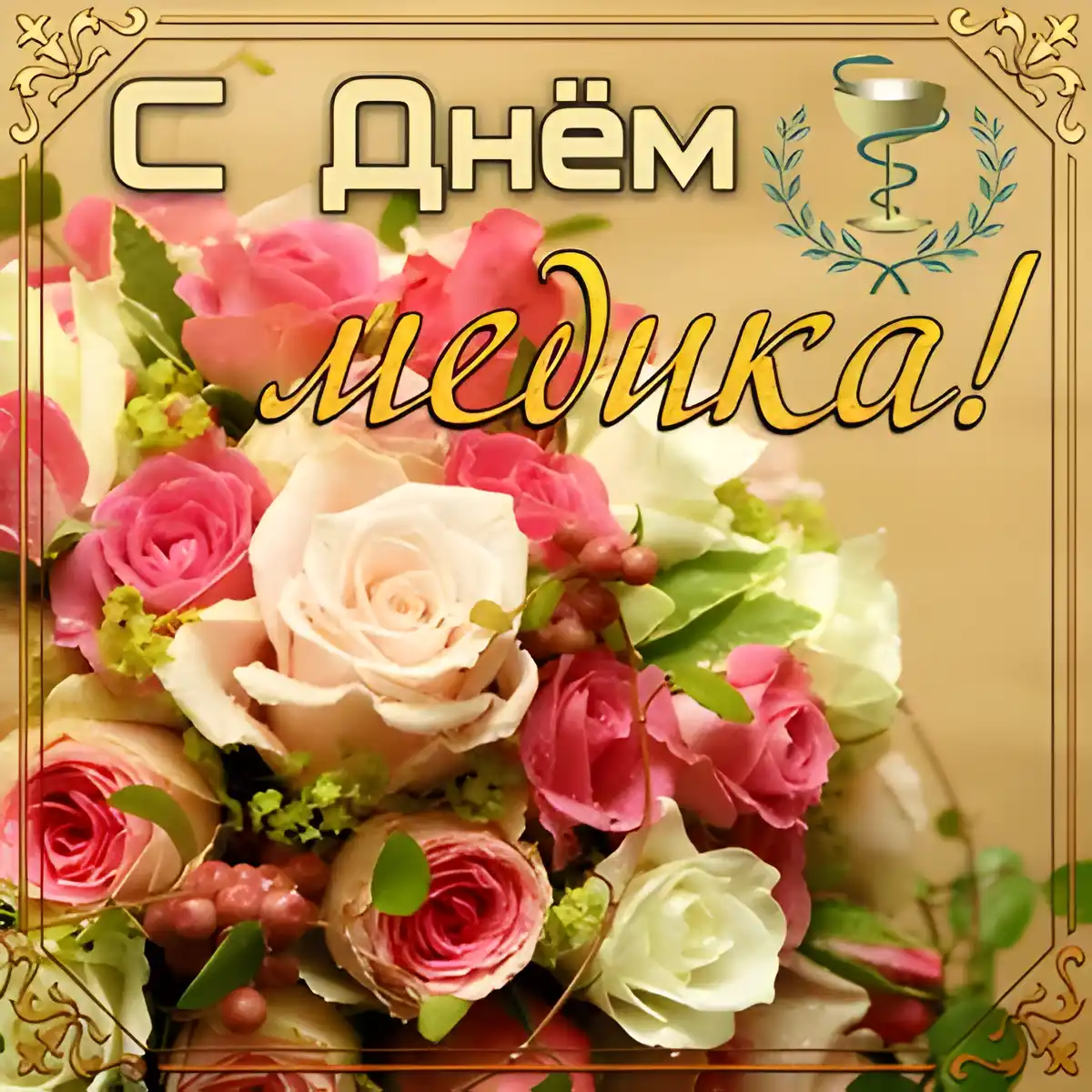 Открытка День медика - Открытка с розовыми розами и зеленью | Красивая открытка #134