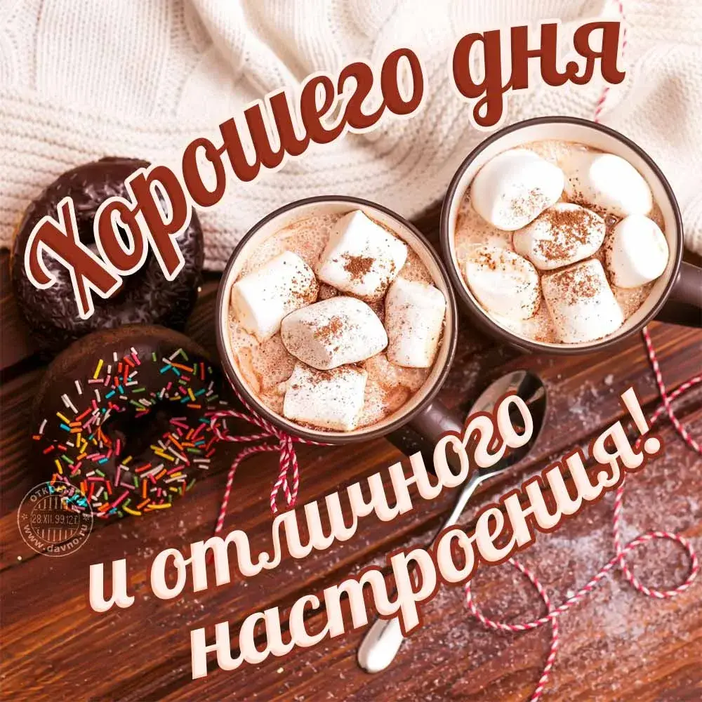 Открытка Хорошего дня - Две чашки какао с зефиром и посыпкой | Красивая открытка #188