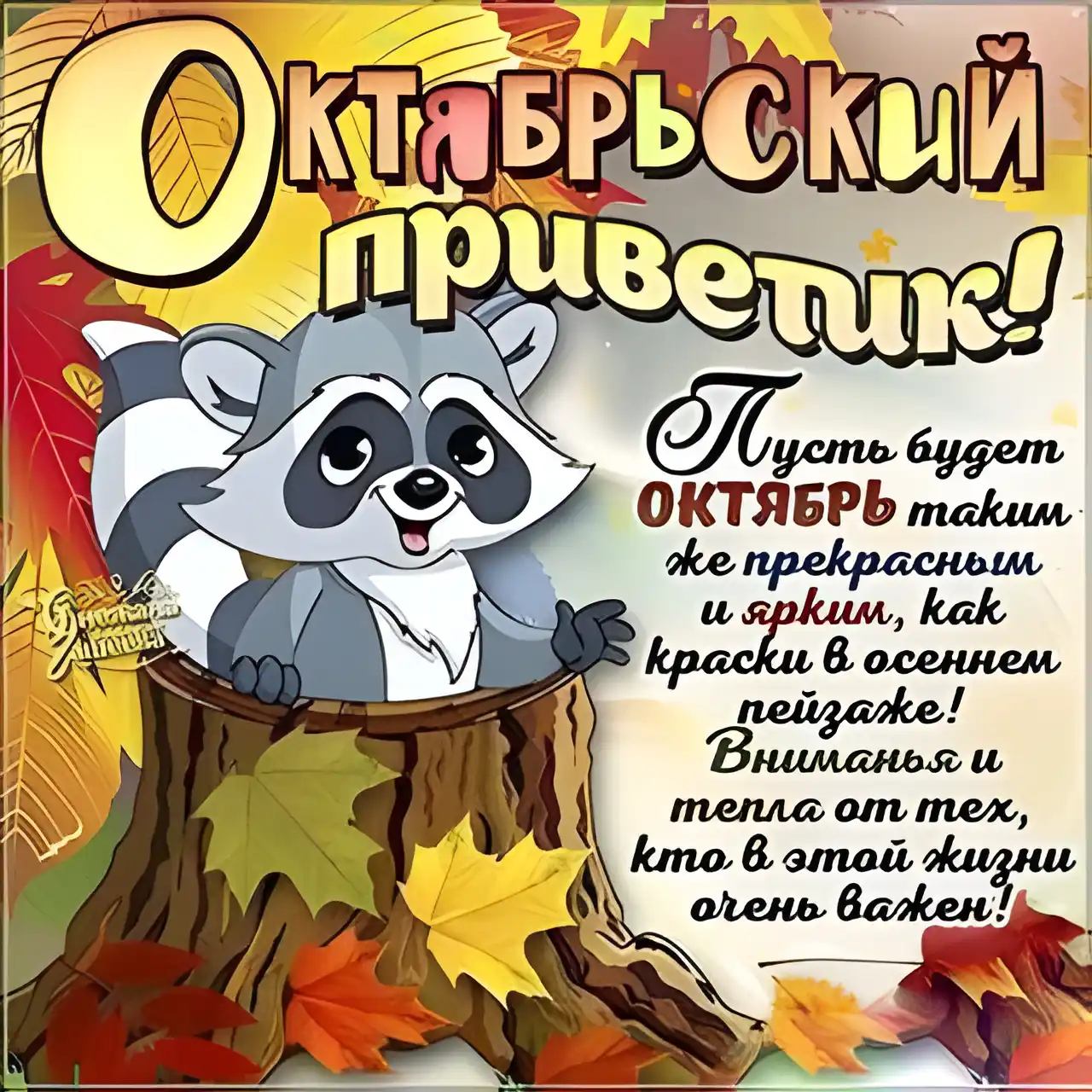 Открытка Октябрьский  - Открытка с енотом на фоне осенних листьев | Красивая открытка #9