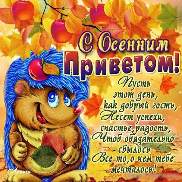 Открытка Осенний приветик - Открытка с ежом и осенними листьями  Поздравления | Красивая открытка #60