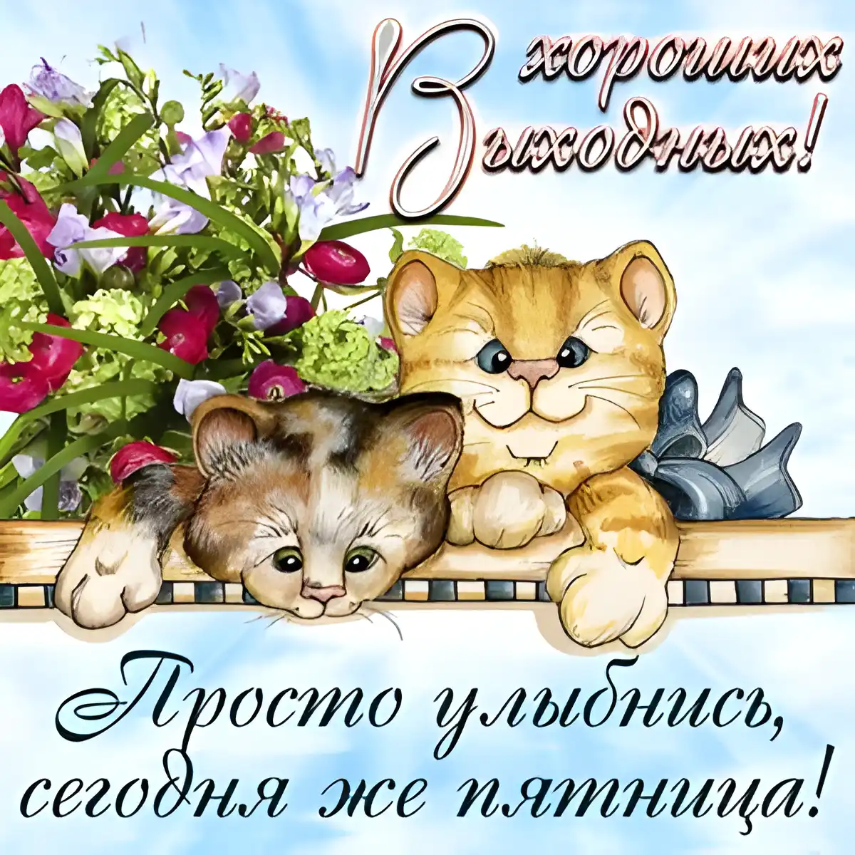 Открытка Удачной пятницы - Открытка с котятами и цветами | Красивая открытка #25