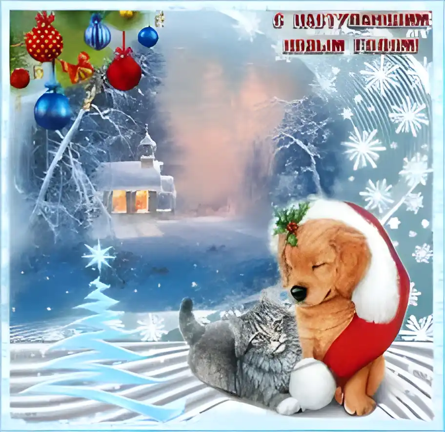 Открытка Открытки с новым годом - Щенок и котенок в новогодней открытке. Снег и дом | Красивая открытка #244