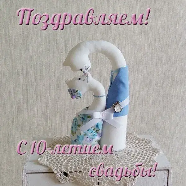 Открытка 10 лет - Оловянная (Розовая) свадьба - Открытка с котенком в голубой одежде | Красивая открытка #31
