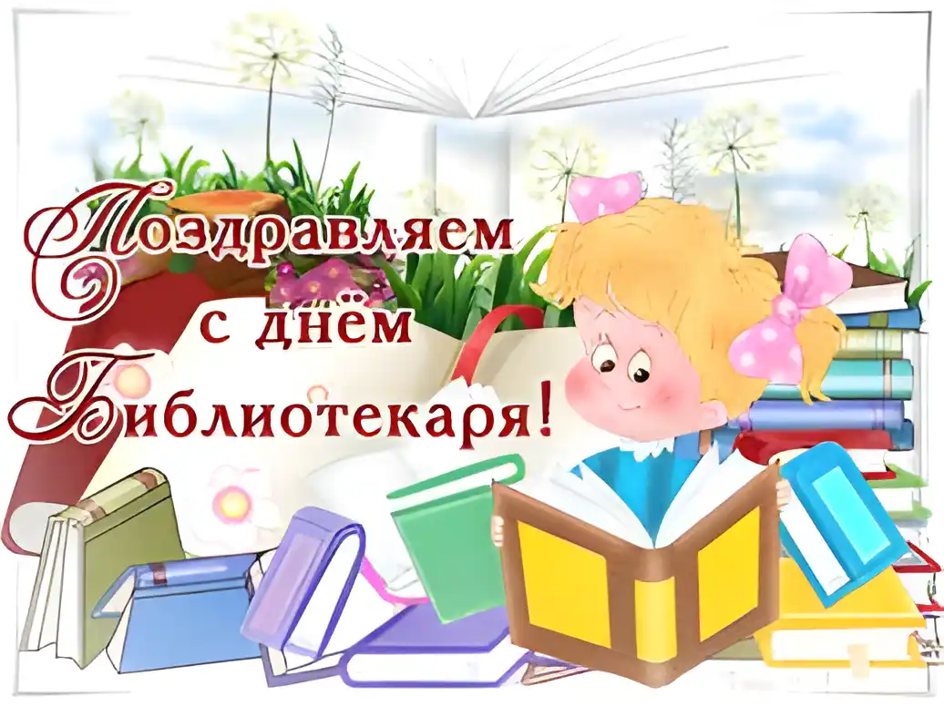 Открытка Открытки с днем библиотекаря - Открытка: Девочка читает книгу среди книг. | Красивая открытка #4