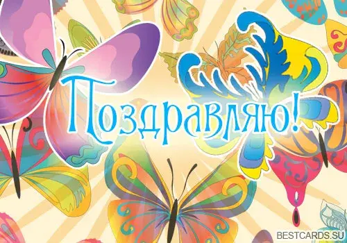 Открытка Открытки поздравляю - Открытка с бабочками: яркая, красочная, с надписью "Поздравляю!" | Красивая открытка #62