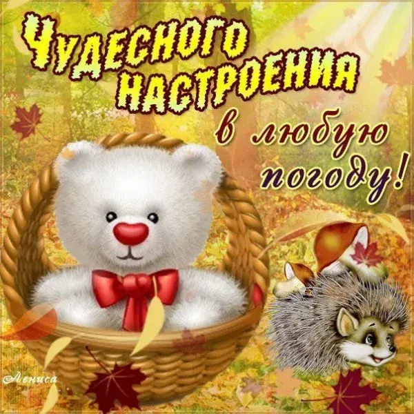 Открытка хорошего настроения - Милый медвежонок с ежиком на осенней полянке | Красивая открытка #122