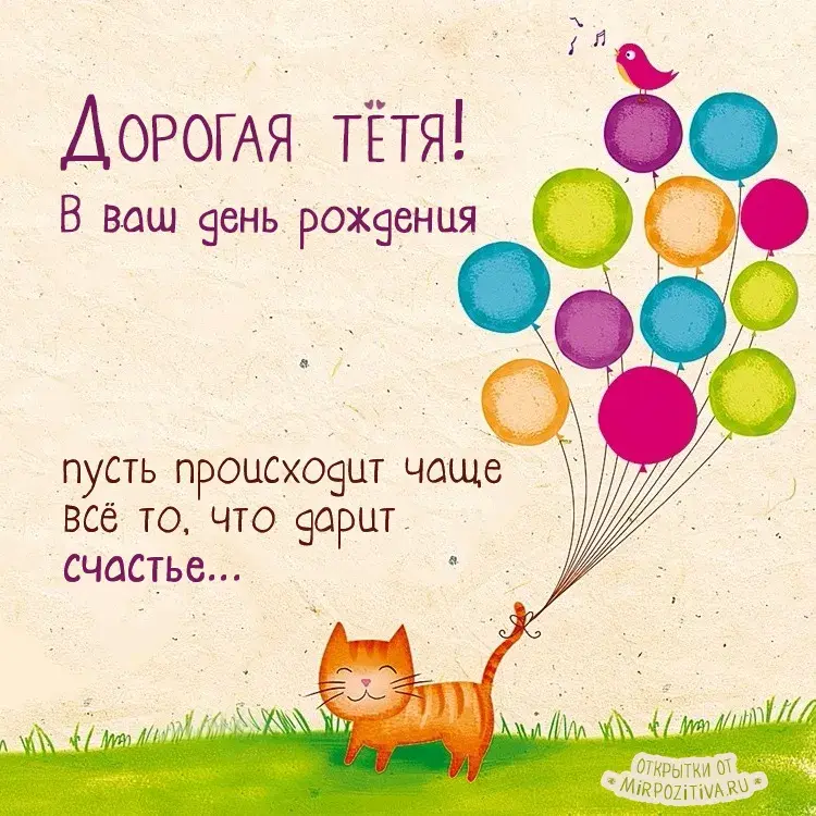 Открытка С днем рождения для тети - Открытка с котиком и шарами | Красивая открытка #14