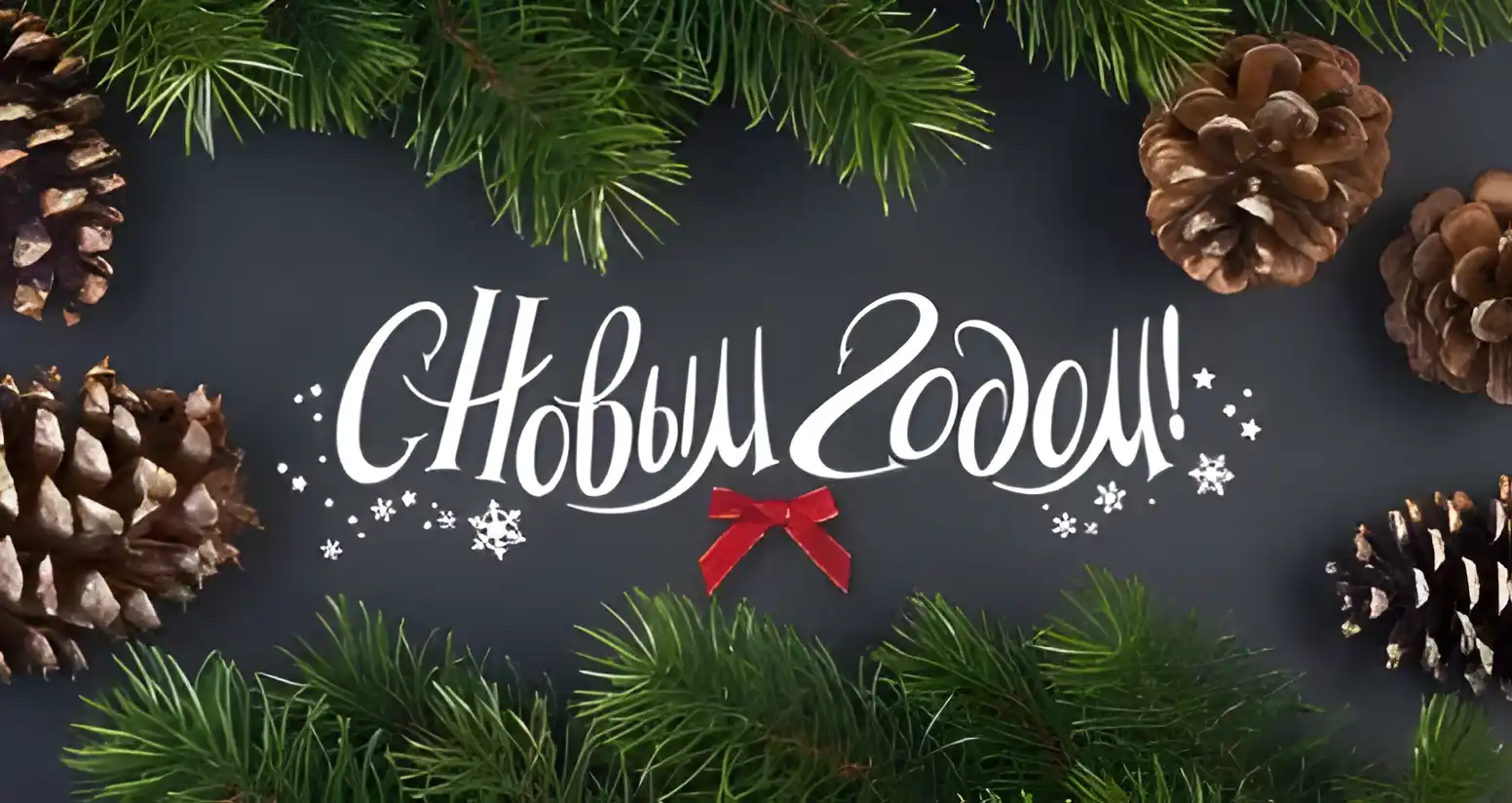 Открытка С новым годом - Новогодняя открытка: Сосны, шишки, снежинки, бантик | Красивая открытка #29