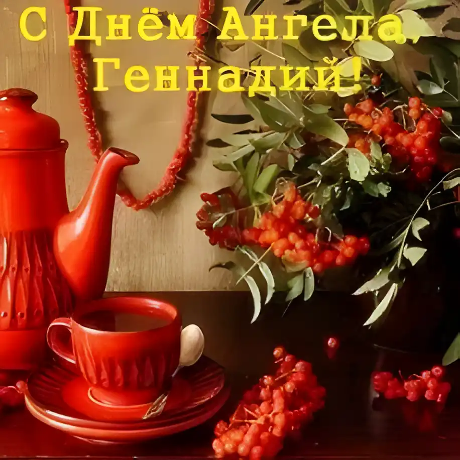 Открытка открытки с именем Геннадий - Красная чашка, чайник и ягоды на столе | Красивая открытка #141