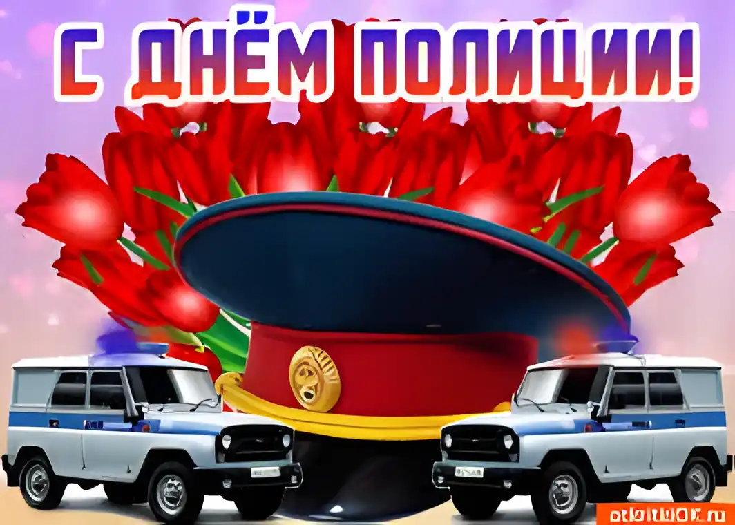 Открытка День полиции - Открытка с днем полиции: фургон, погоны, цветы | Красивая открытка #124