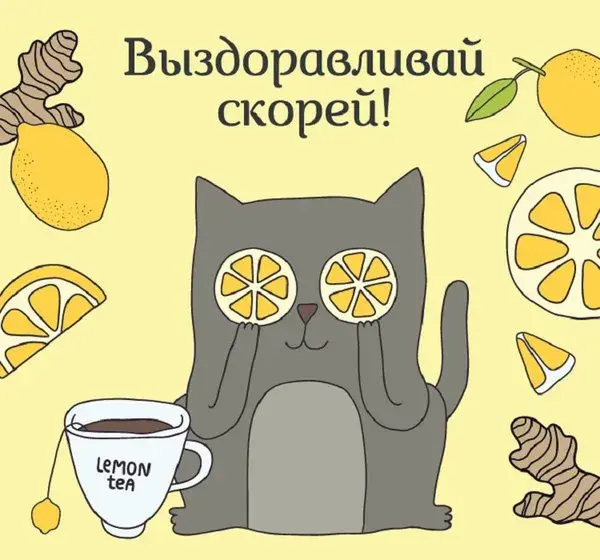 Открытка Выздоравливай - Котик пьет чай с лимоном. Открытка с котиком. | Красивая открытка #126