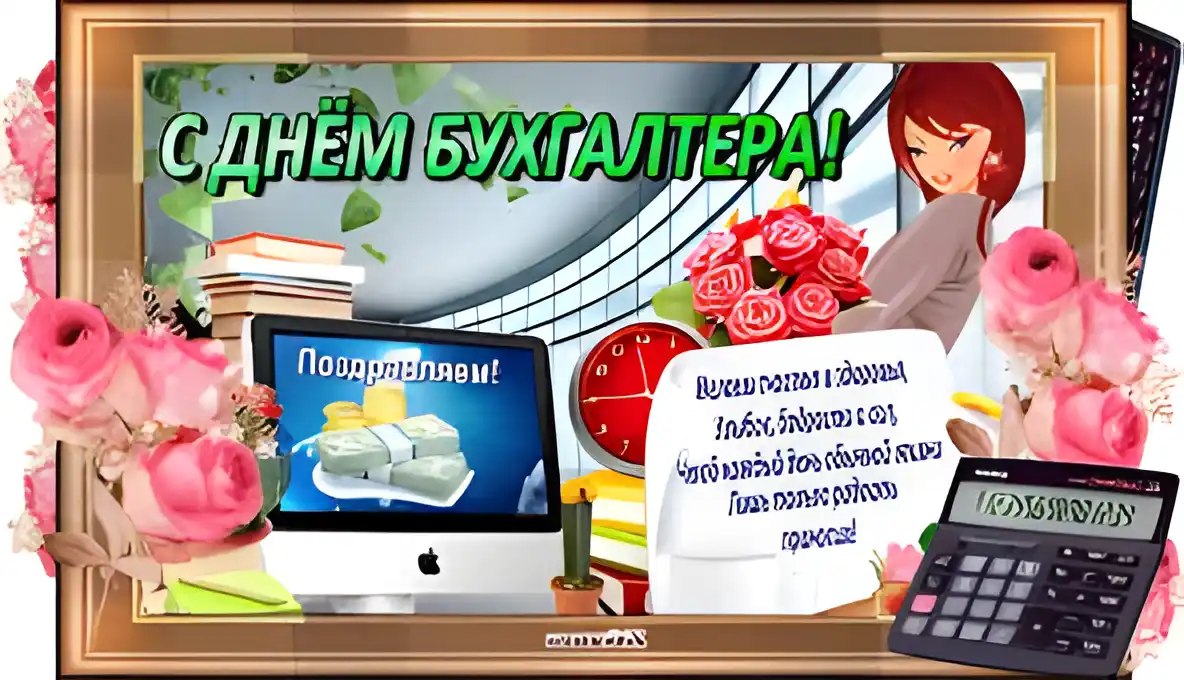 Открытка День бухгалтера - Открытка с Днём бухгалтера: цветы, деньги, компьютер | Красивая открытка #92