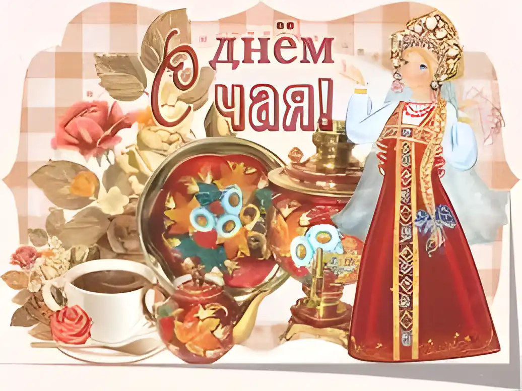 Открытка Открытки с днем чая - Открытка с девушкой в народном костюме, самовар и цветы | Красивая открытка #28