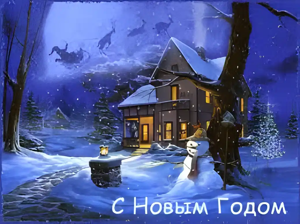 Открытка Новый Год - Открытка снеговик и зимний лес | Красивая открытка #36