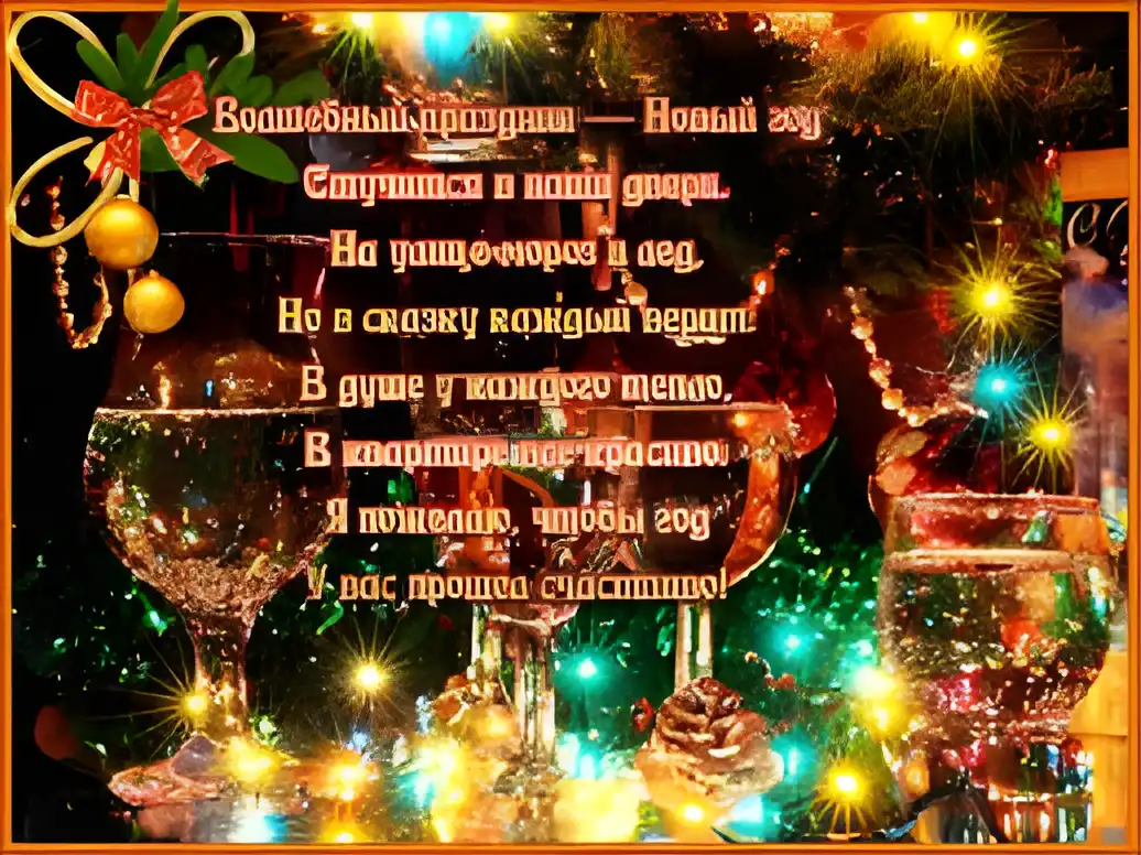 Открытка Новый Год - Открытка с бокалами шампанского и новогодними украшениями | Красивая открытка #207