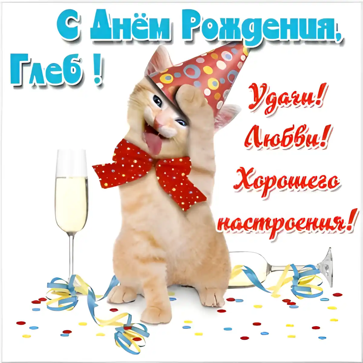 Открытка открытки с именем Глеб - Кот в колпаке с шампанским. С Днём Рождения! | Красивая открытка #181