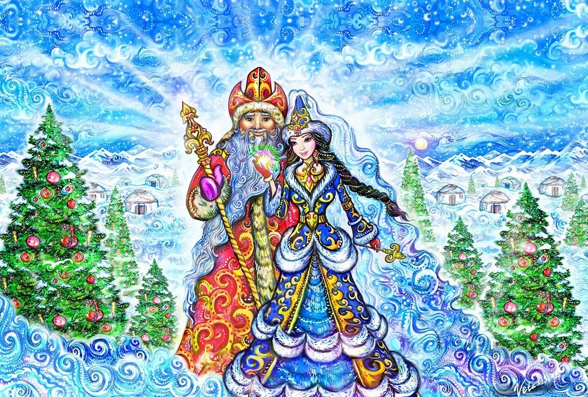 Открытка Жаңа Жылыңызбен - Дед Мороз и Снегурочка: Новогодняя открытка | Красивая открытка #26