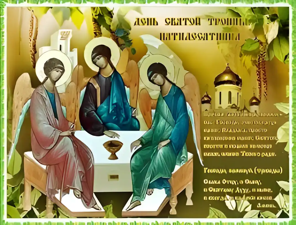 Открытка Открытки с Троицей - Видение Троицы на открытке: три ангела у стола | Красивая открытка #87