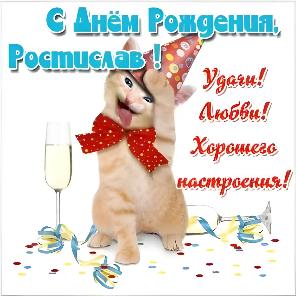 Открытка Открытки с именем Ростислав  - С Днем рождения! Рыжий кот с бокалом шампанского | Красивая открытка #135
