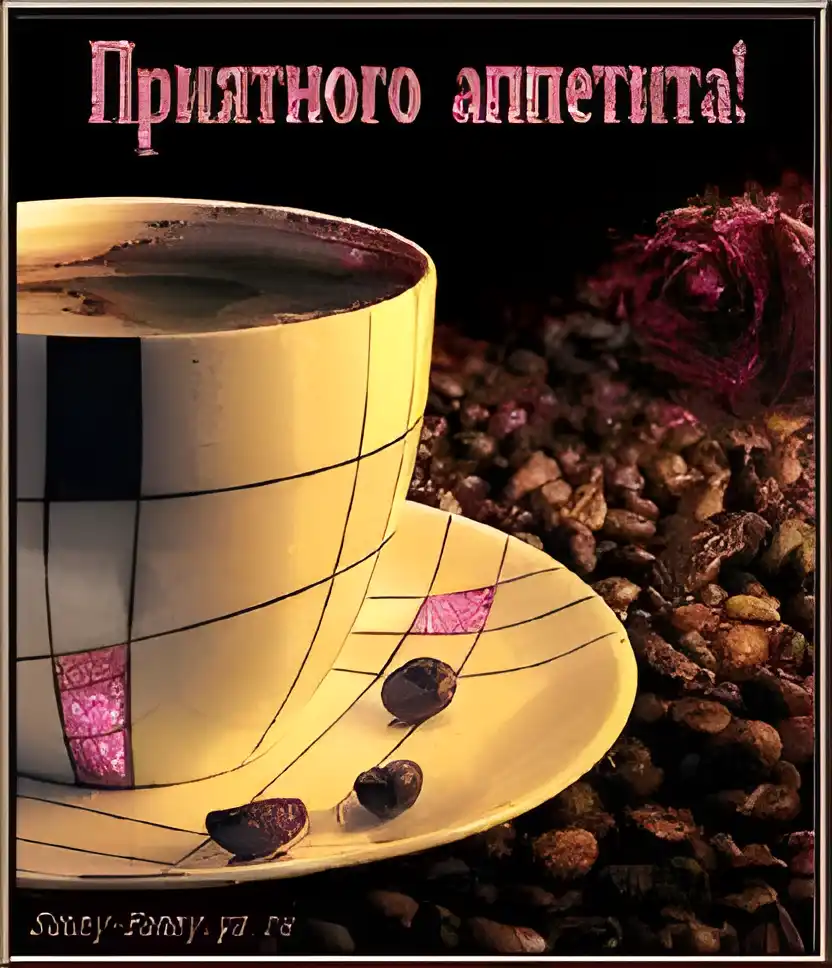 Открытка приятного аппетита - Кофейная открытка: чашка, блюдце, зерна | Красивая открытка #36