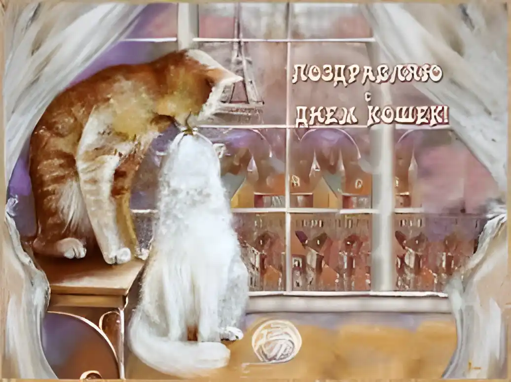 Открытка День Кошек - Две кошки: рыжий и белый, клубок шерсти, открытка | Красивая открытка #35