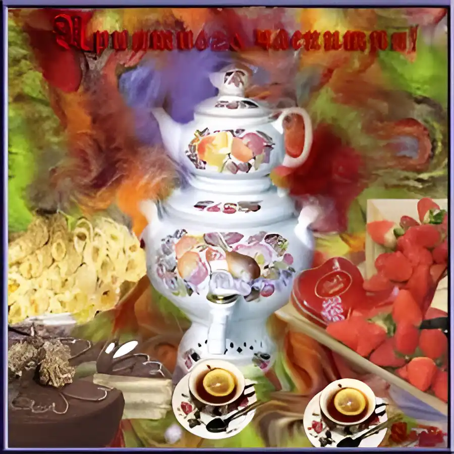 Открытка приятного аппетита - Чайная церемония: самовар, клубника, торт | Красивая открытка #55