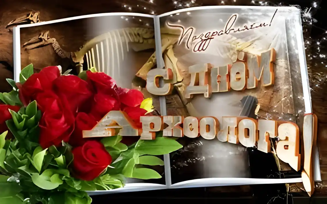 Открытка Открытки с днем археолога - Открытка с динозавром и розами | Красивая открытка #26