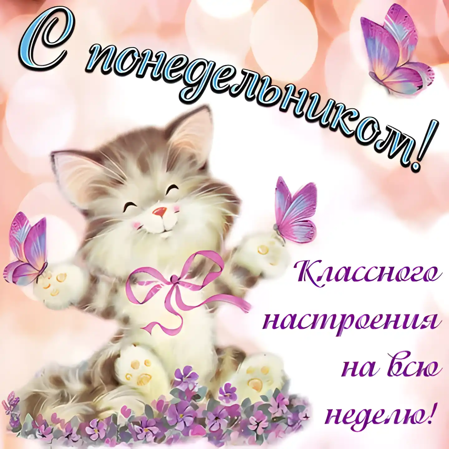 Открытка Понедельник - Открытка с котенком и бабочками  Праздничная открытка | Красивая открытка #13