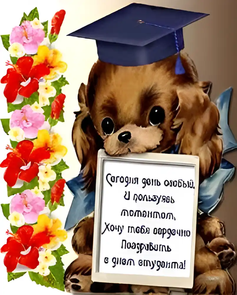 Открытка День студента - Открытка с щенком в шапочке и цветами | Красивая открытка #33