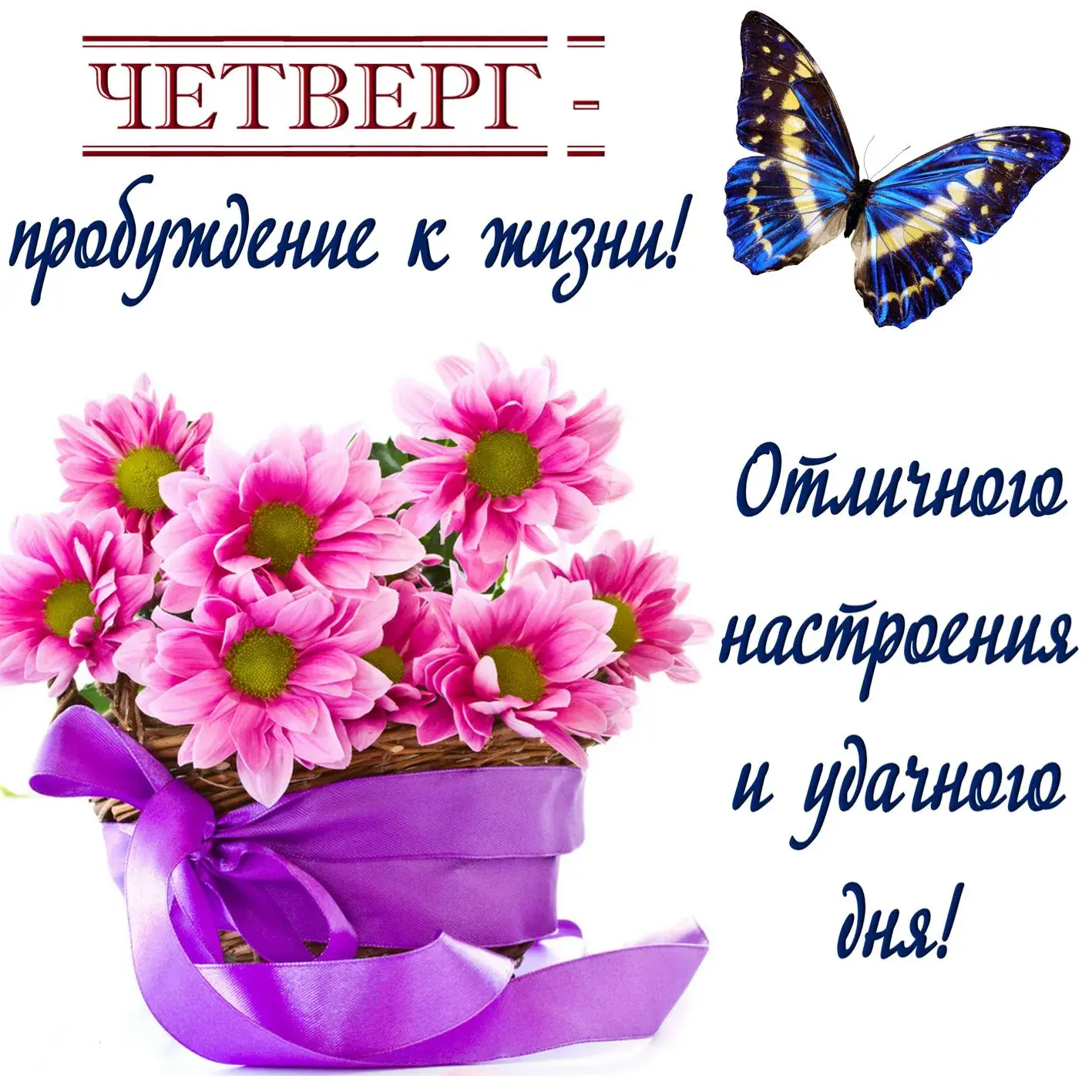Открытка Четверг - Открытка с розовыми цветами и бабочкой | Красивая открытка #2