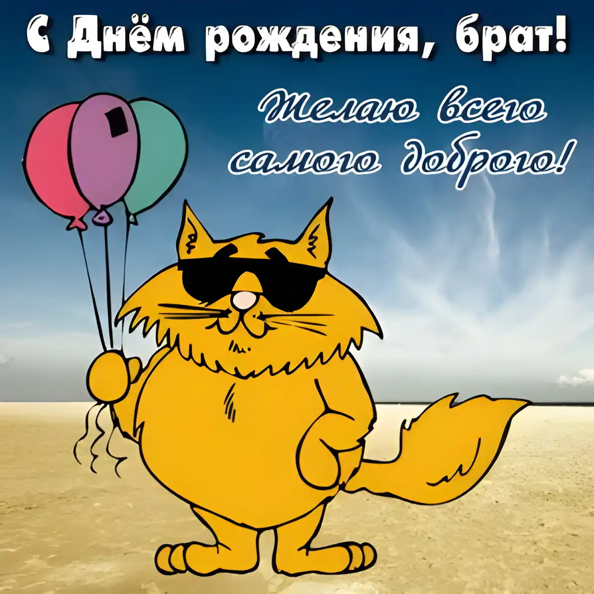 Открытка С днем рождения для брата - Открытка с котом в солнцезащитных очках и шариками | Красивая открытка #24
