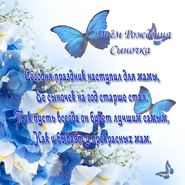 Открытка Для мамы - С Днём Рождения, сын! Открытка с цветами и бабочками | Красивая открытка #13