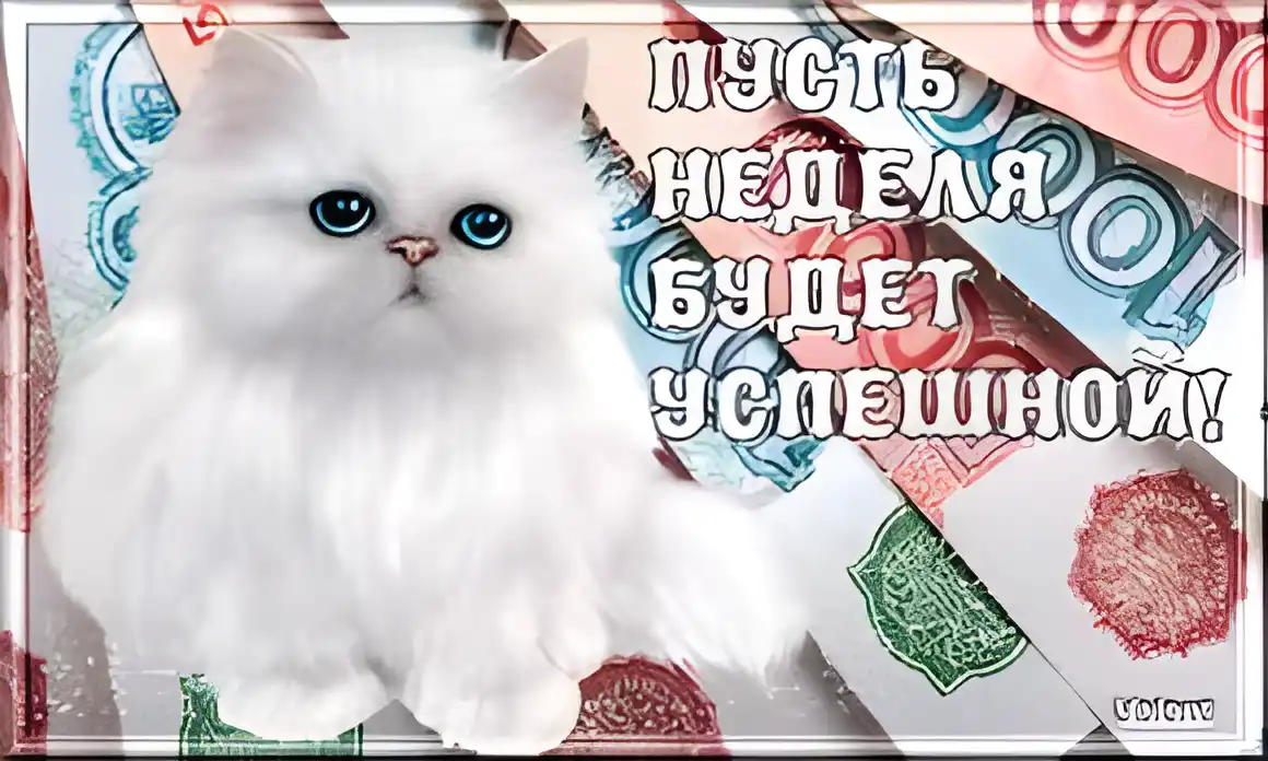 Открытка Удачи - Белый кот на фоне банкнот - открытка | Красивая открытка #76