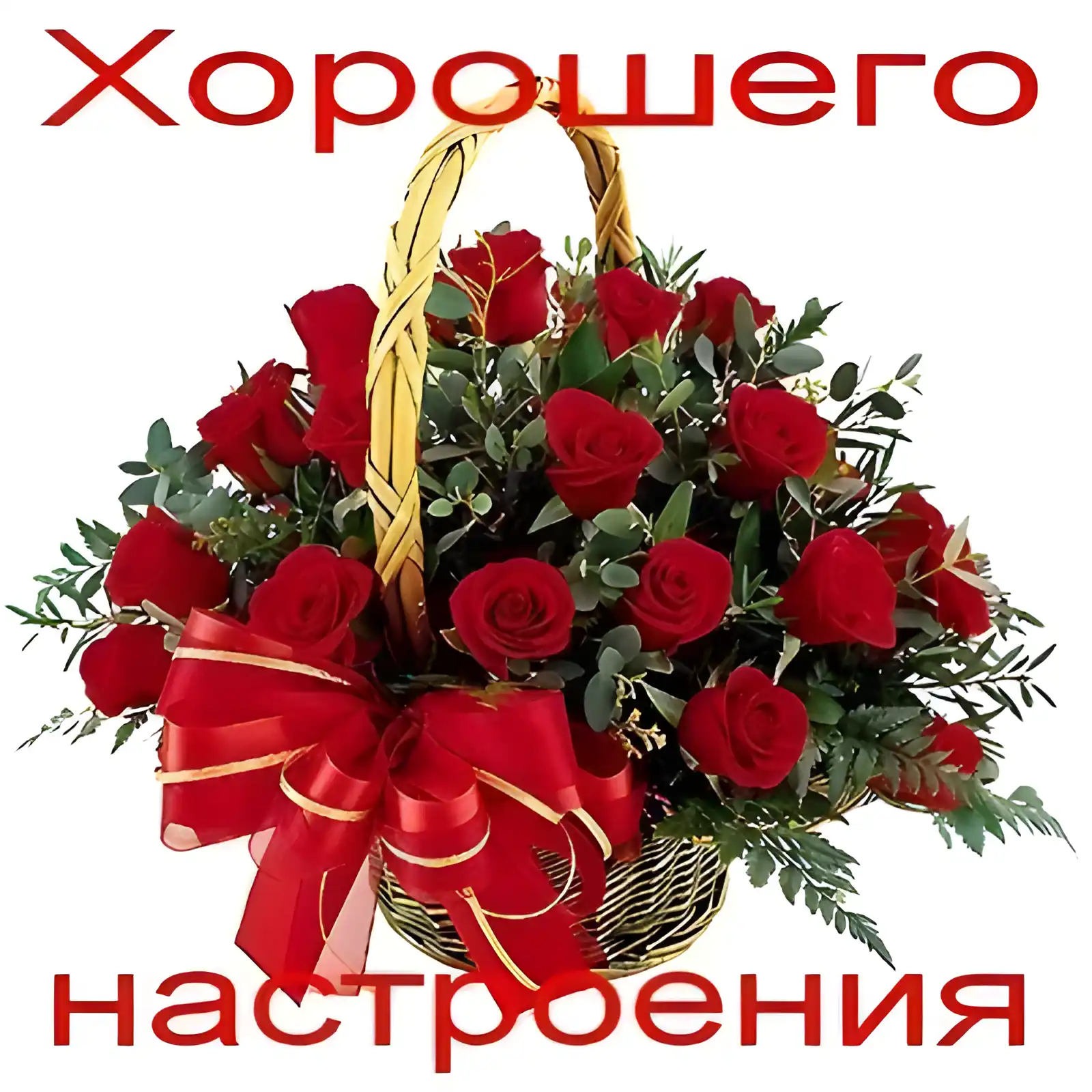 Открытка Для хорошего настроения - Открытка с красными розами в плетёной корзине | Красивая открытка #24